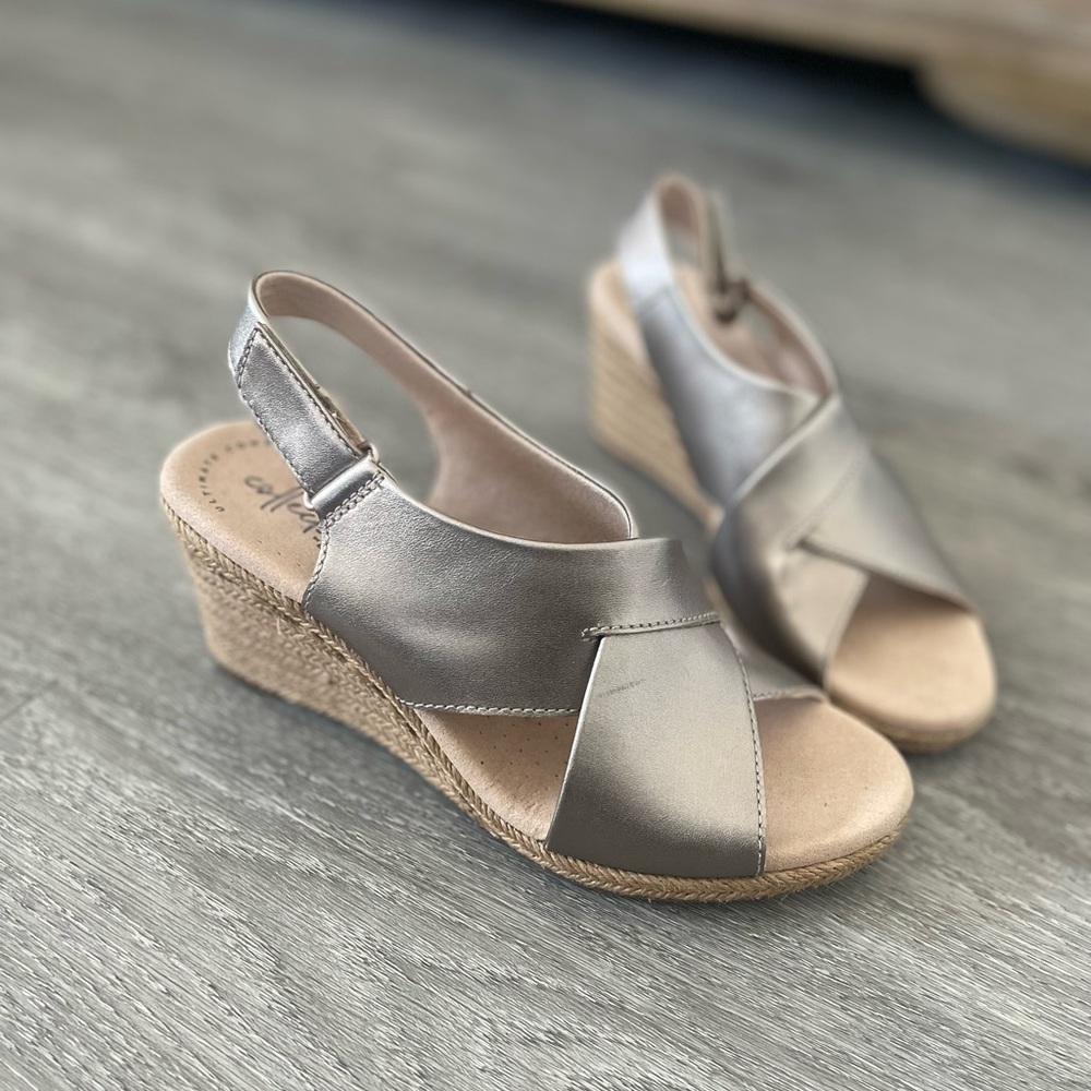 Clarks Silver Wedge Espadrille Sandals with Crisscross Straps